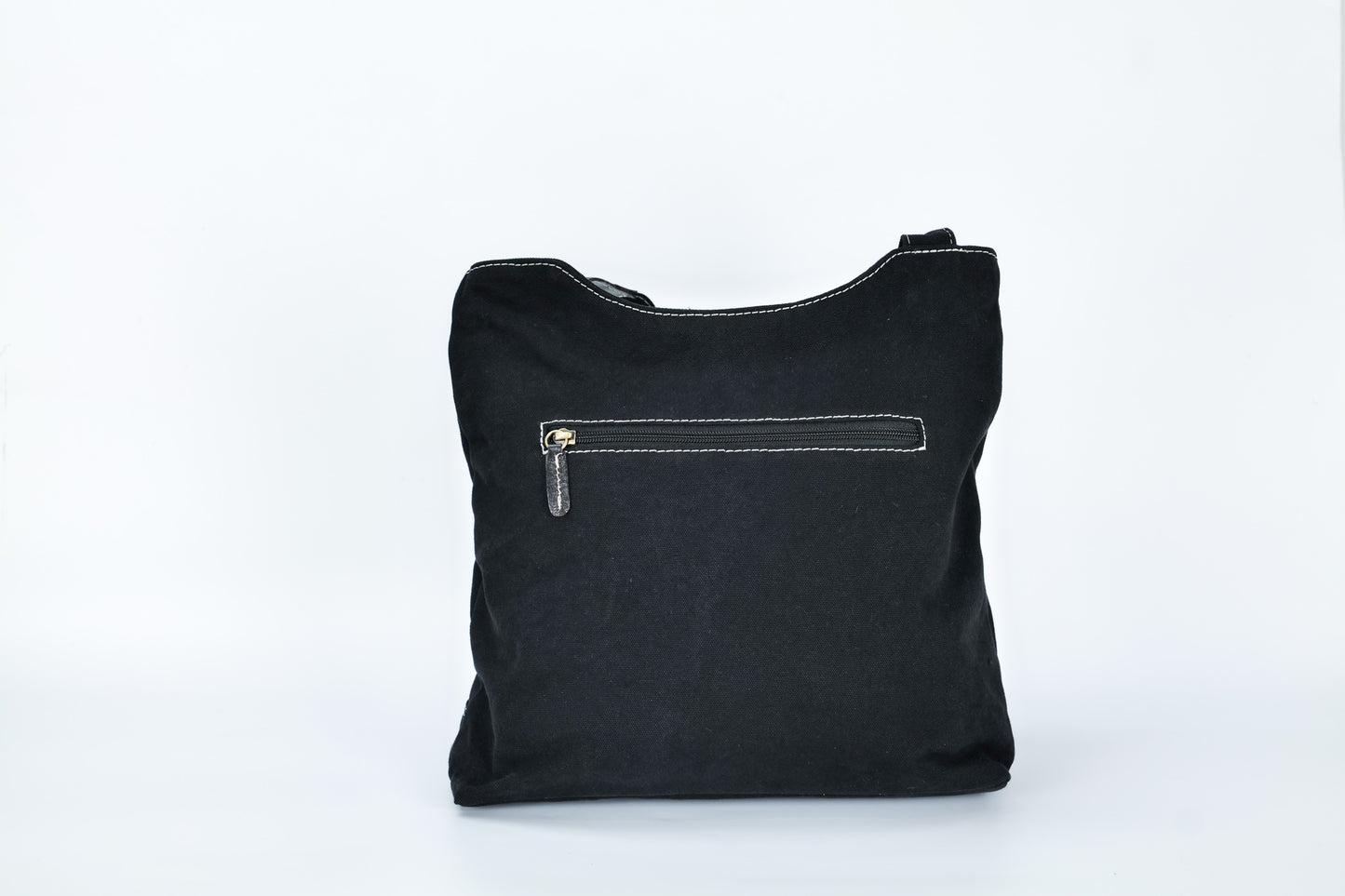 Hand Crafted and Painted Leather and Black Canvas Shoulder Bag