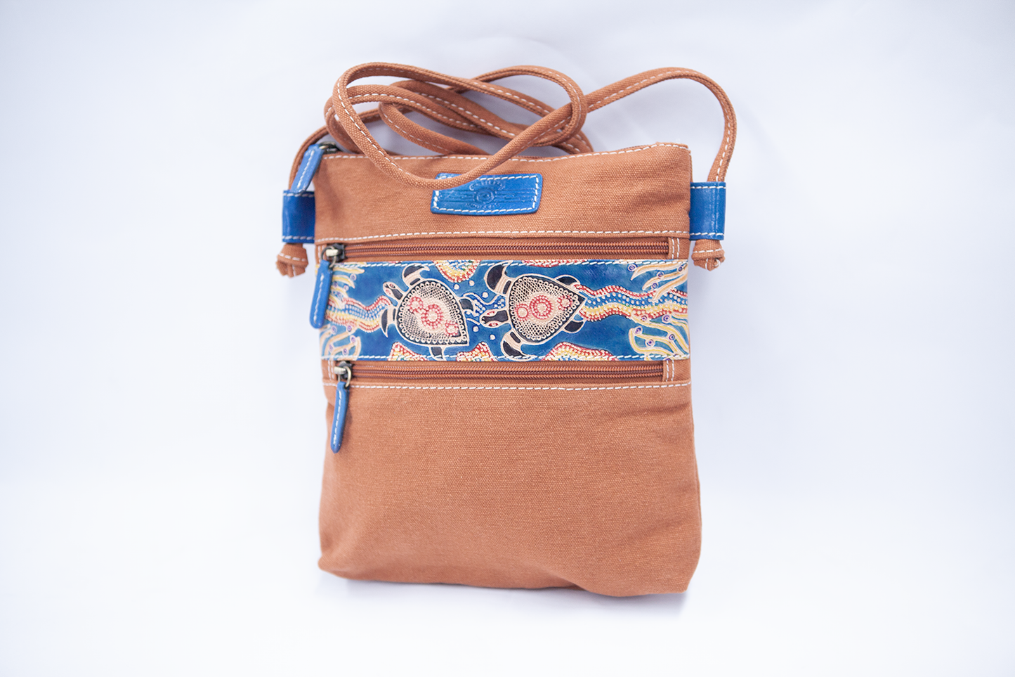 Genuine Leather and Canvas Cross Body Bag - Tan Turtles