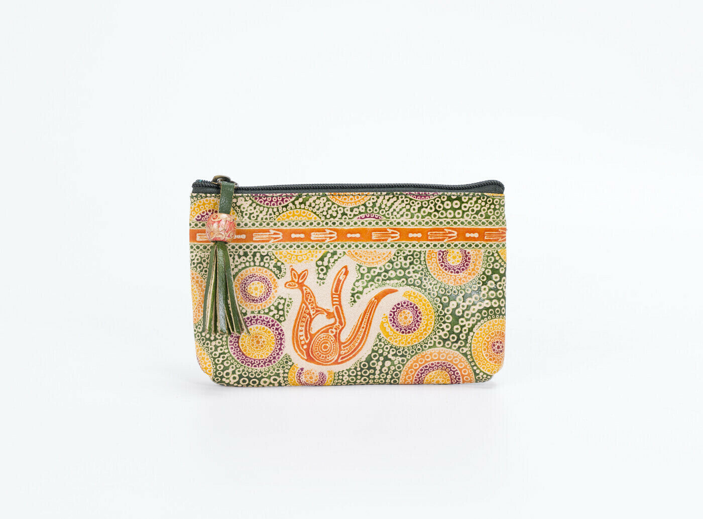 Hand Crafted and Painted Leather Vanity Case - Green Kangaroo