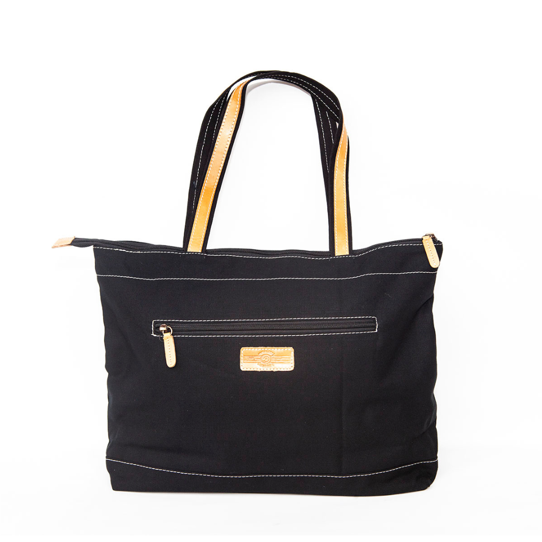 Hand Painted Leather and Canvas Hand Bag - Black and Yellow