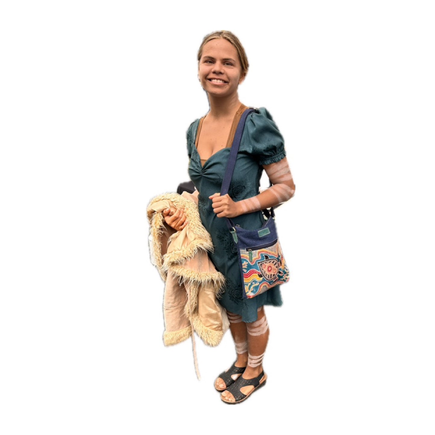 Hand Painted Leather and Canvas Shoulder Bag - Denim Turtle