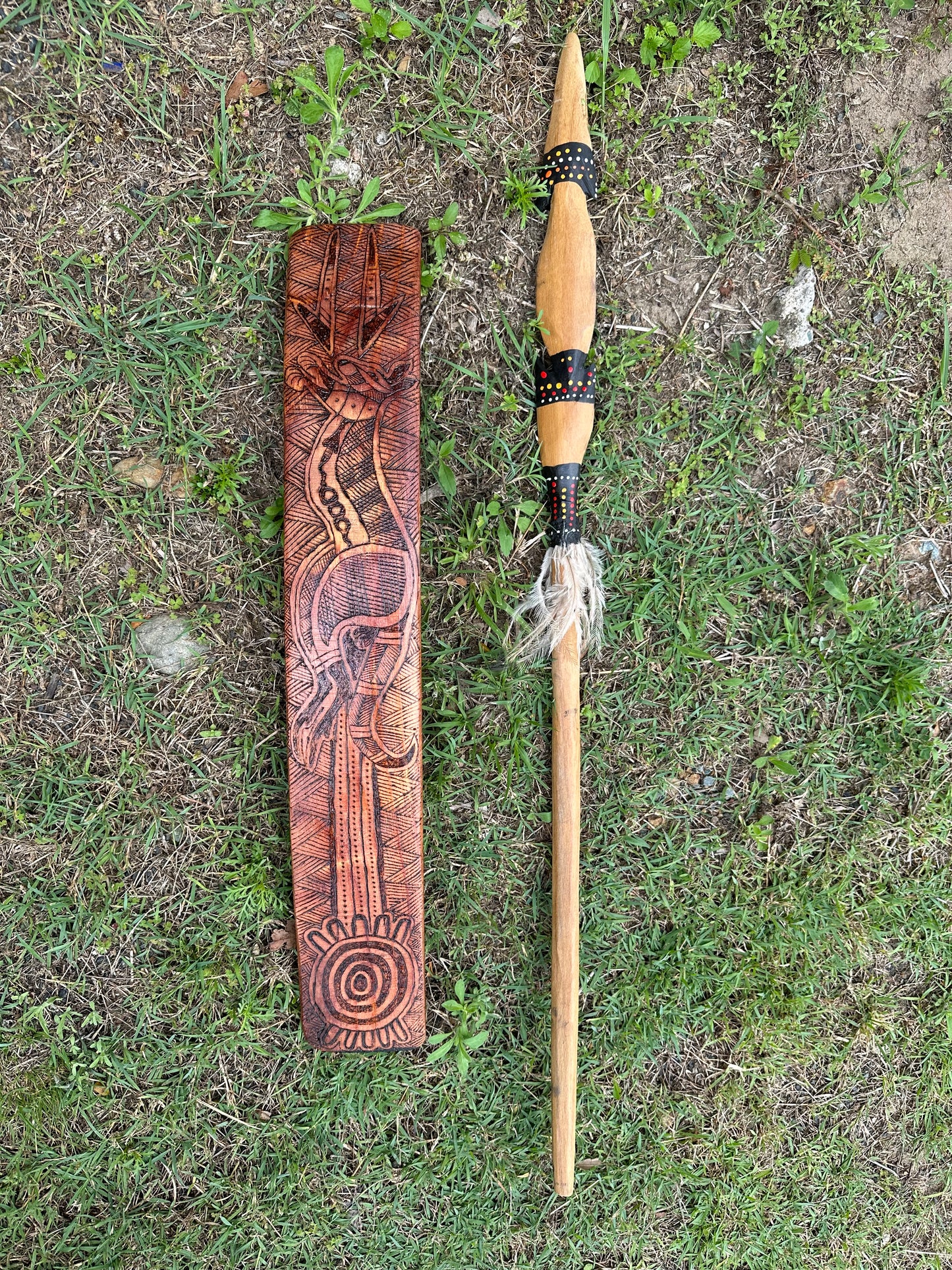 Unique Aboriginal Artefact - Handmade Burnt Wooden Shield and Mini Spear