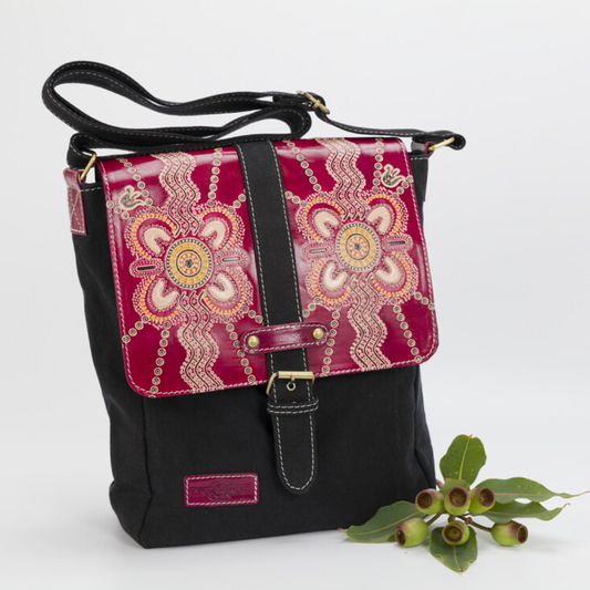 Leather and Canvas Satchel Bag - Black and Maroon