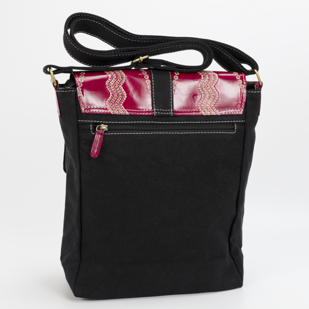 Leather and Canvas Satchel Bag - Black and Maroon