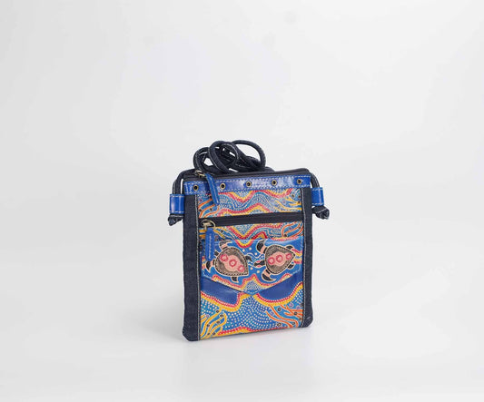 Hand Painted Leather and Canvas Hippy Bag - Blue Turtles