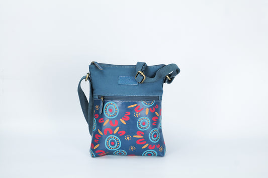 Hand Painted Leather and Canvas Shoulder Bags - Blue