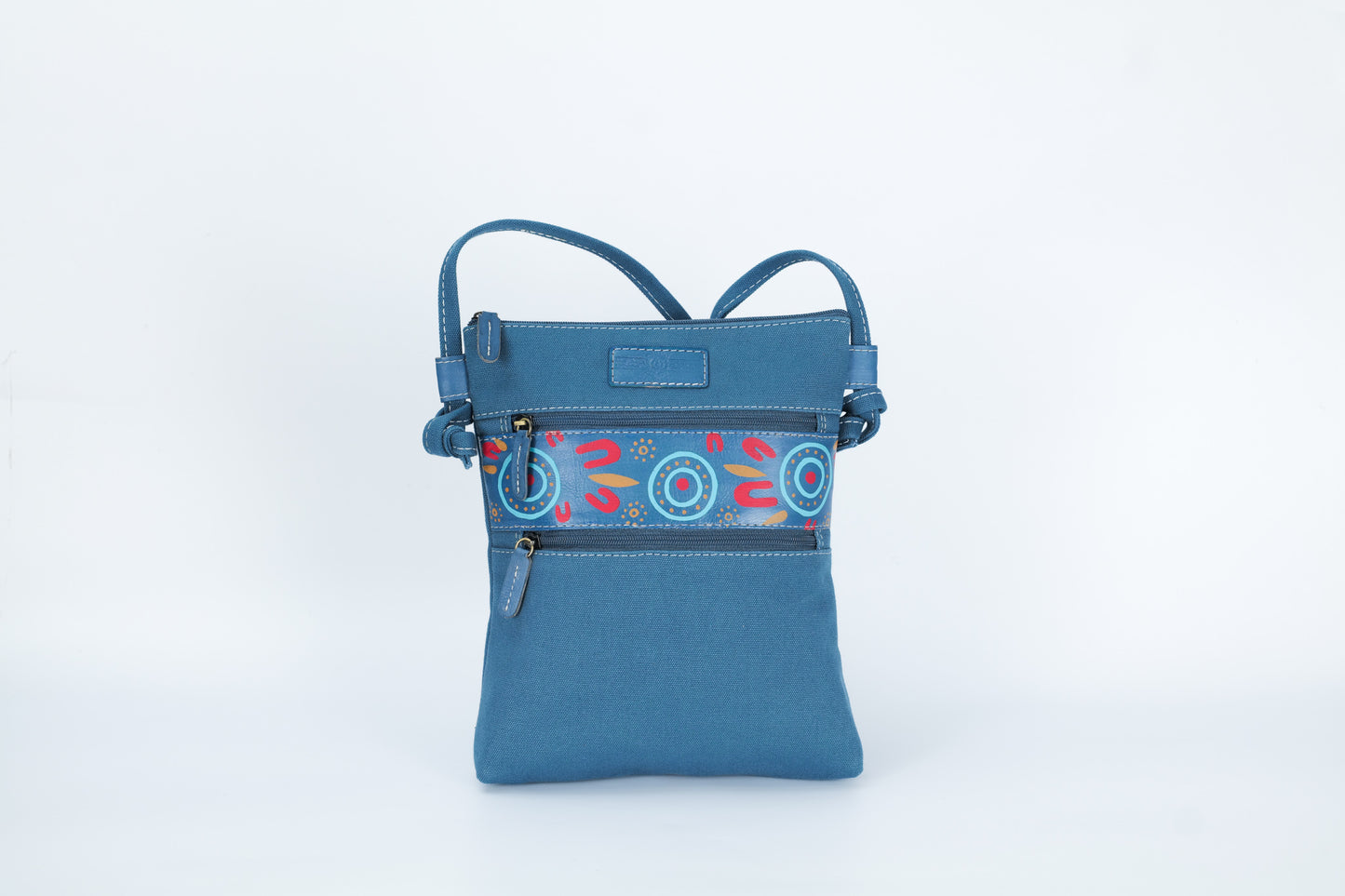 Hand Painted Leather and Canvas Cross Body Bag - Blue Strip