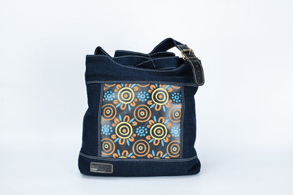 Hand Crafted and Painted Leather and Denim Canvas Shoulder Bag