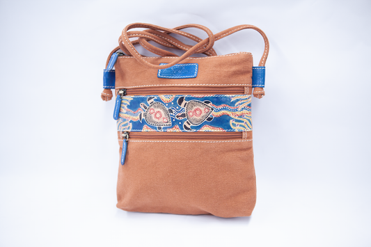 Genuine Leather and Canvas Cross Body Bag - Tan Turtles