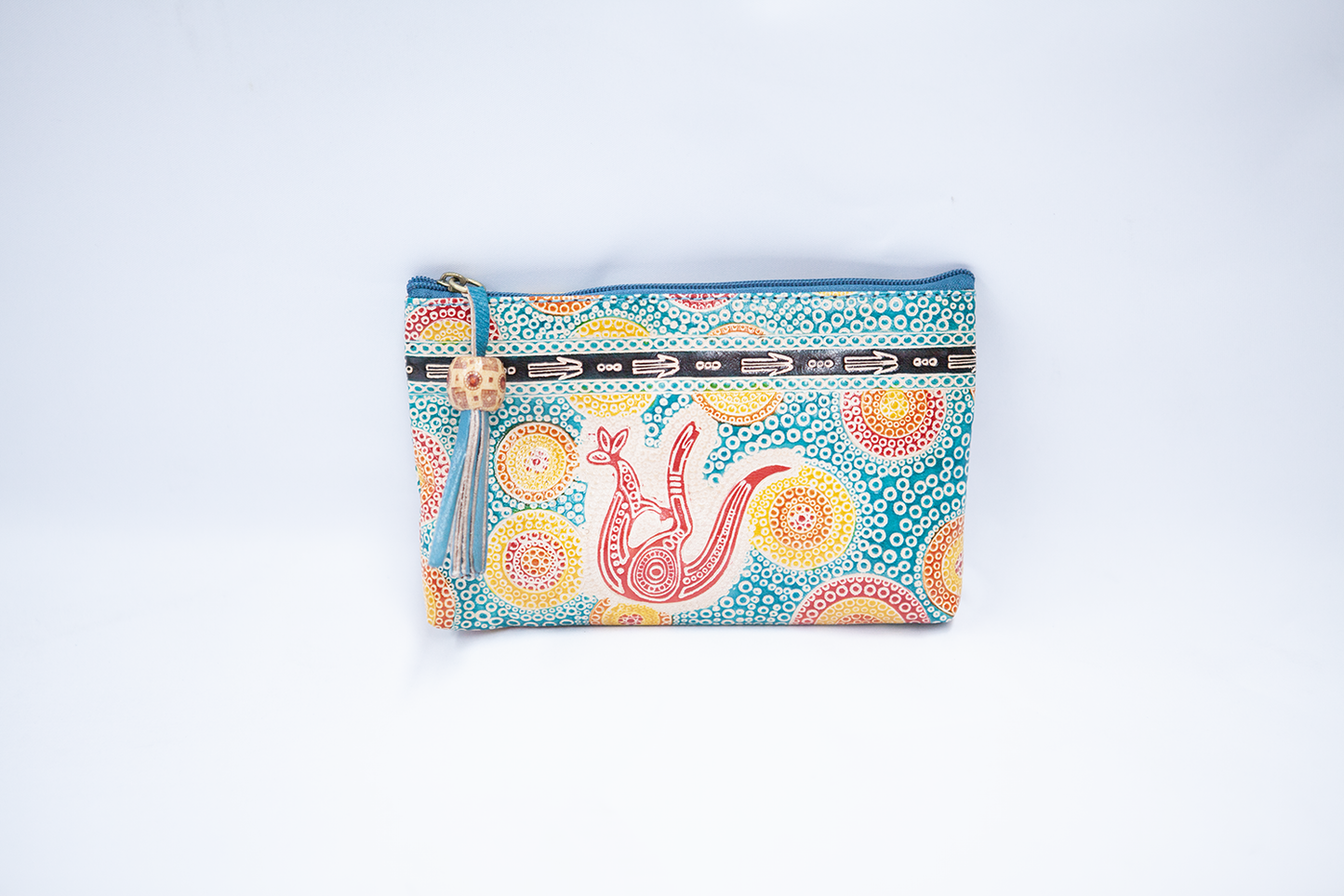 Hand Crafted and Painted Leather Vanity Case - Aqua Kangaroo