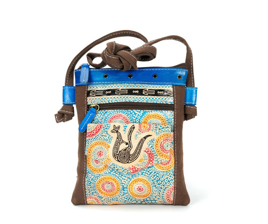 Hand Painted Leather and Canvas Hippie Bag - Brown Kangaroo