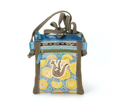 Hand Painted Leather and Canvas Hippie Bag - Green Kangaroo