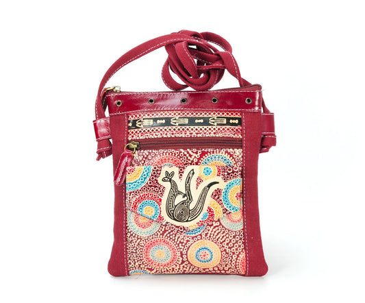 Hand Painted Leather and Canvas Hippie Bag - Maroon Roo