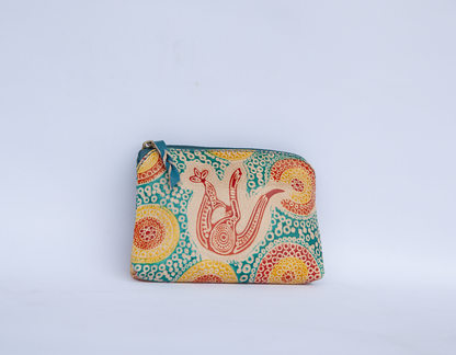 Hand Crafted and Painted Leather Utility Purse - Aqua Roo