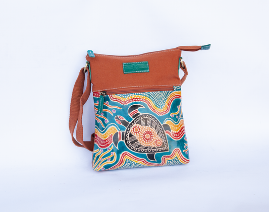 Hand Painted Leather and Canvas Shoulder Bag - Copper Turtle