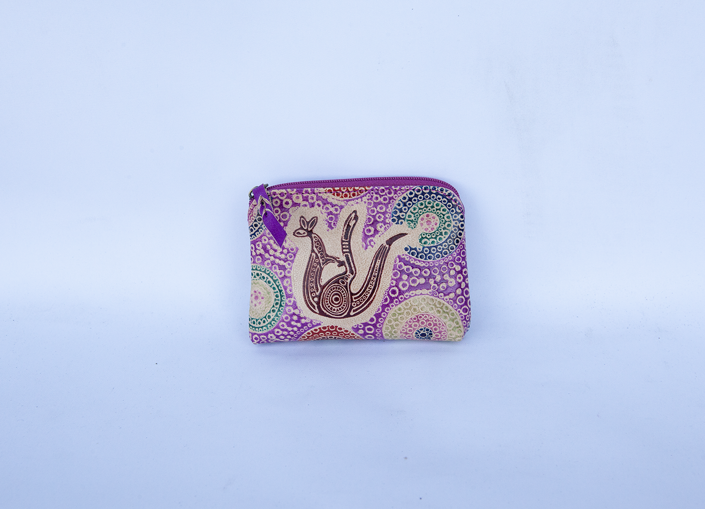 Hand Crafted and Painted Leather Utility Purse - Purple Roo