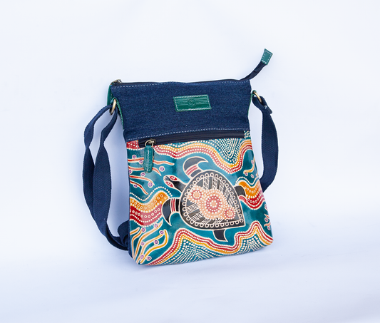 Hand Painted Leather and Denim Shoulder Bag - Turtle