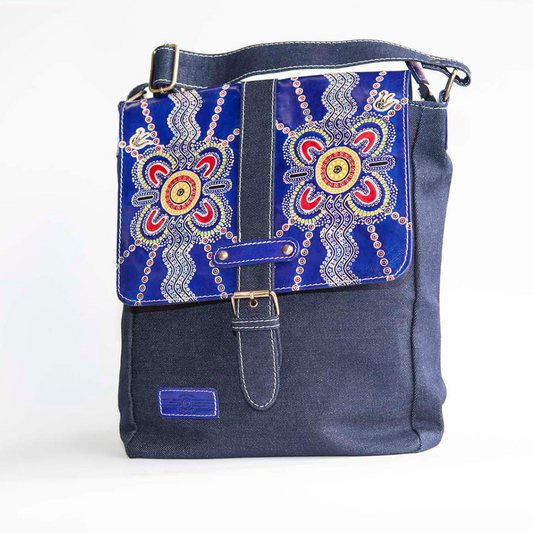 Leather and Canvas Satchel Bag - Blue