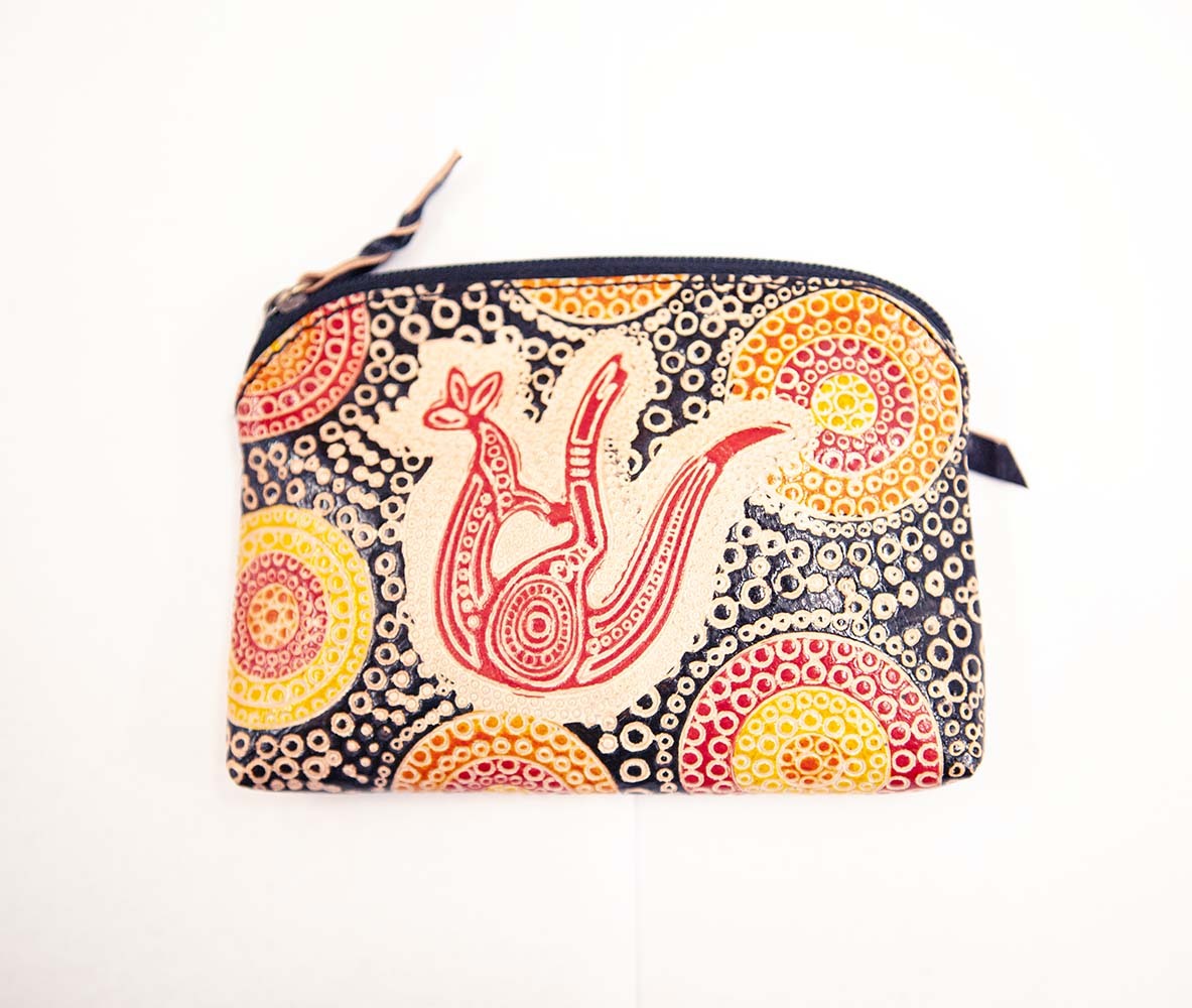 Hand Crafted and Painted Leather Utility Purse - Black Roo