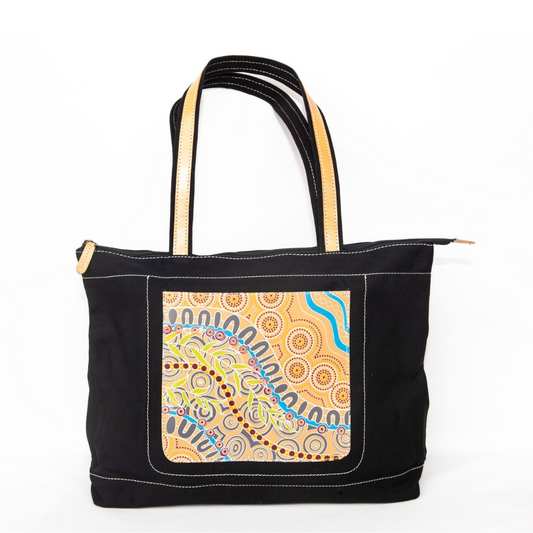 Hand Painted Leather and Canvas Hand Bag - Black and Yellow