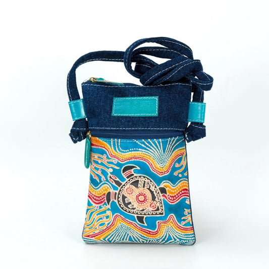 Genuine Leather and Denim Cross Body Bag - Turtles