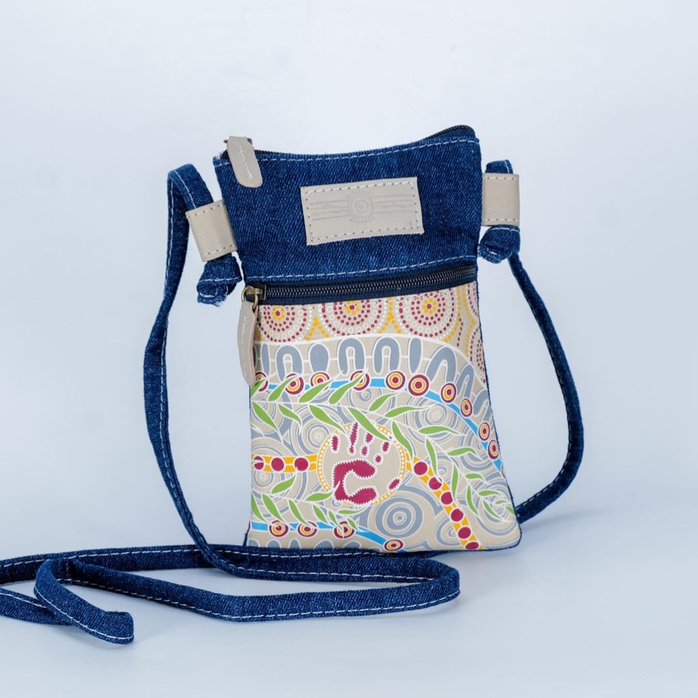 Hand-Crafted and Painted Leather and Denim Cross Body Bag - 'Weeping Willow'