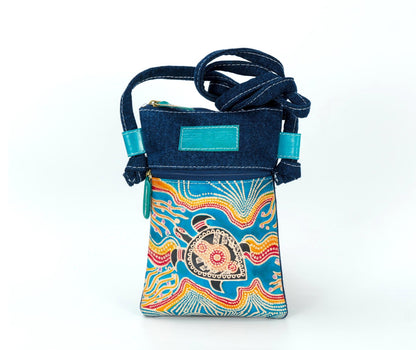 Genuine Leather and Denim Cross Body Bag - Turtles