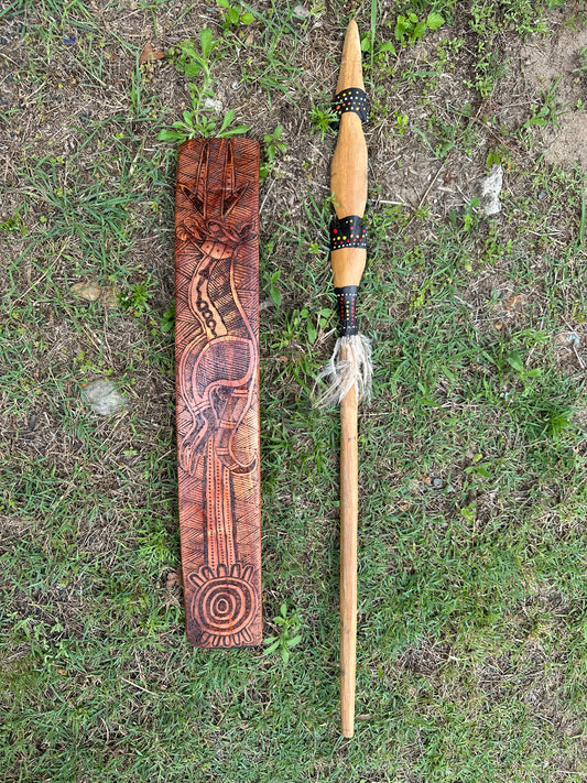 Unique Aboriginal Artefact - Handmade Burnt Wooden Shield  and Mini Spear